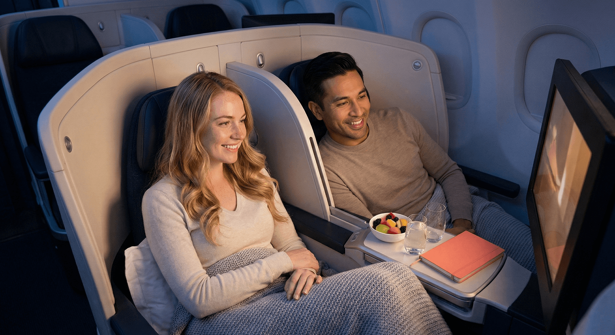 Couple relaxed and comfortable during flight