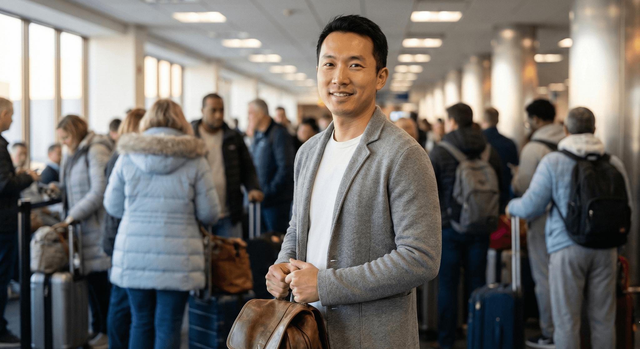 Confident traveler at airport boarding area